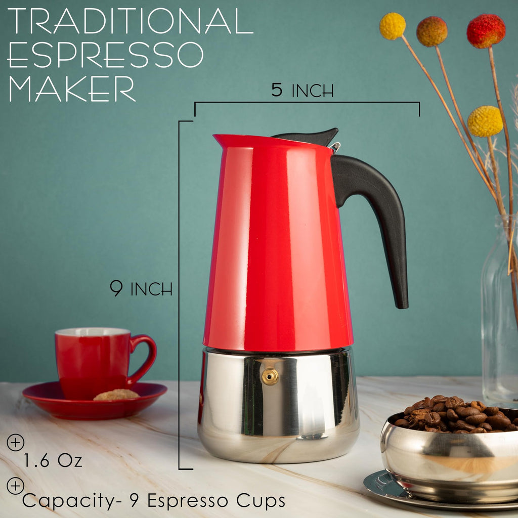 Mixpresso Red 9 Cup Greca Stovetop Espresso Pot 450Ml/15Oz, Moka Pot with Coffee