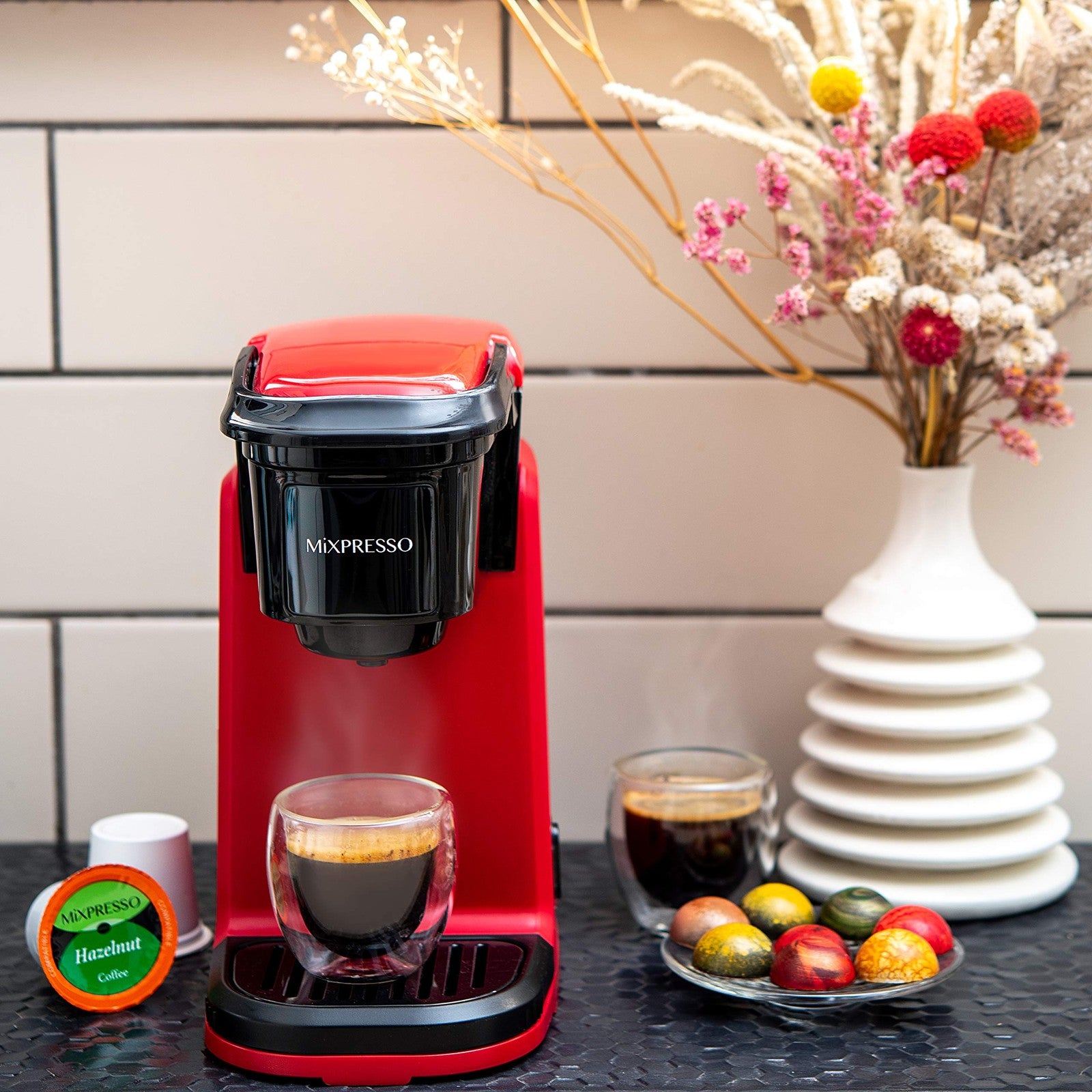 Mixpresso Single Serve Coffee Maker K-Cup & Grounds Compact 12oz Red