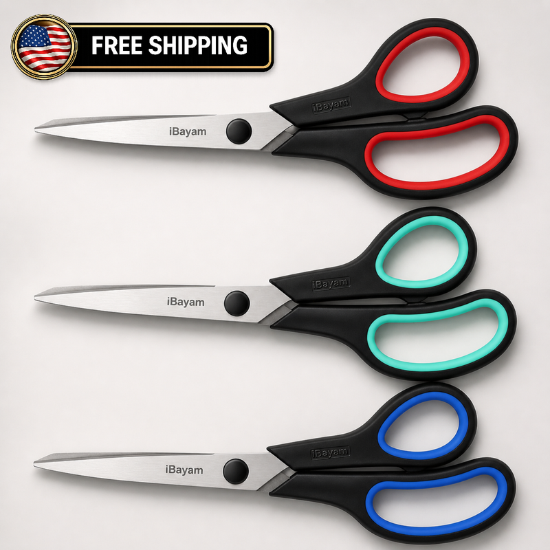 iBayam 3-Pack 8" Heavy Duty Scissors 2.5mm Sharp Blades Comfort Grip