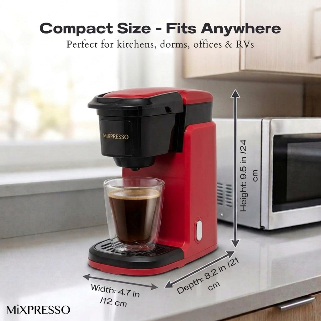 Mixpresso Single Serve Coffee Maker K-Cup & Grounds Compact 12oz Red