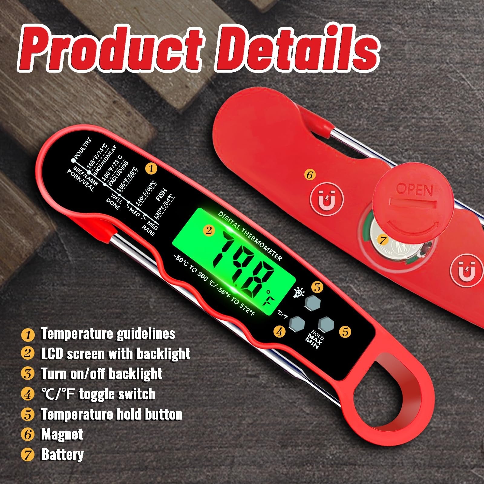 Digital Meat Thermometer Instant Read Waterproof Backlight Kitchen Grill Cooking