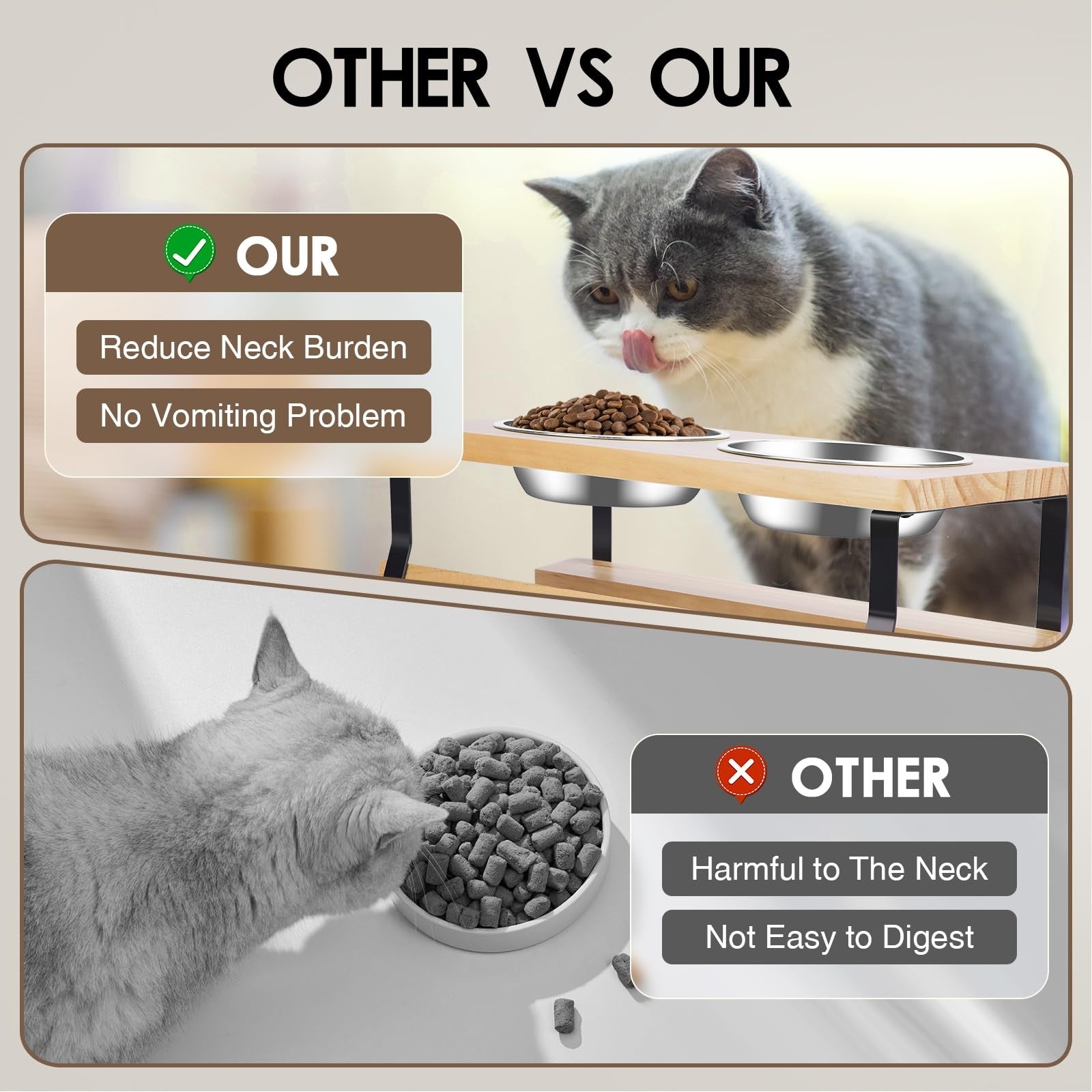 Elevated Cat Bowls 15° Tilted Raised Feeder with Stainless Steel Bowls & Mat