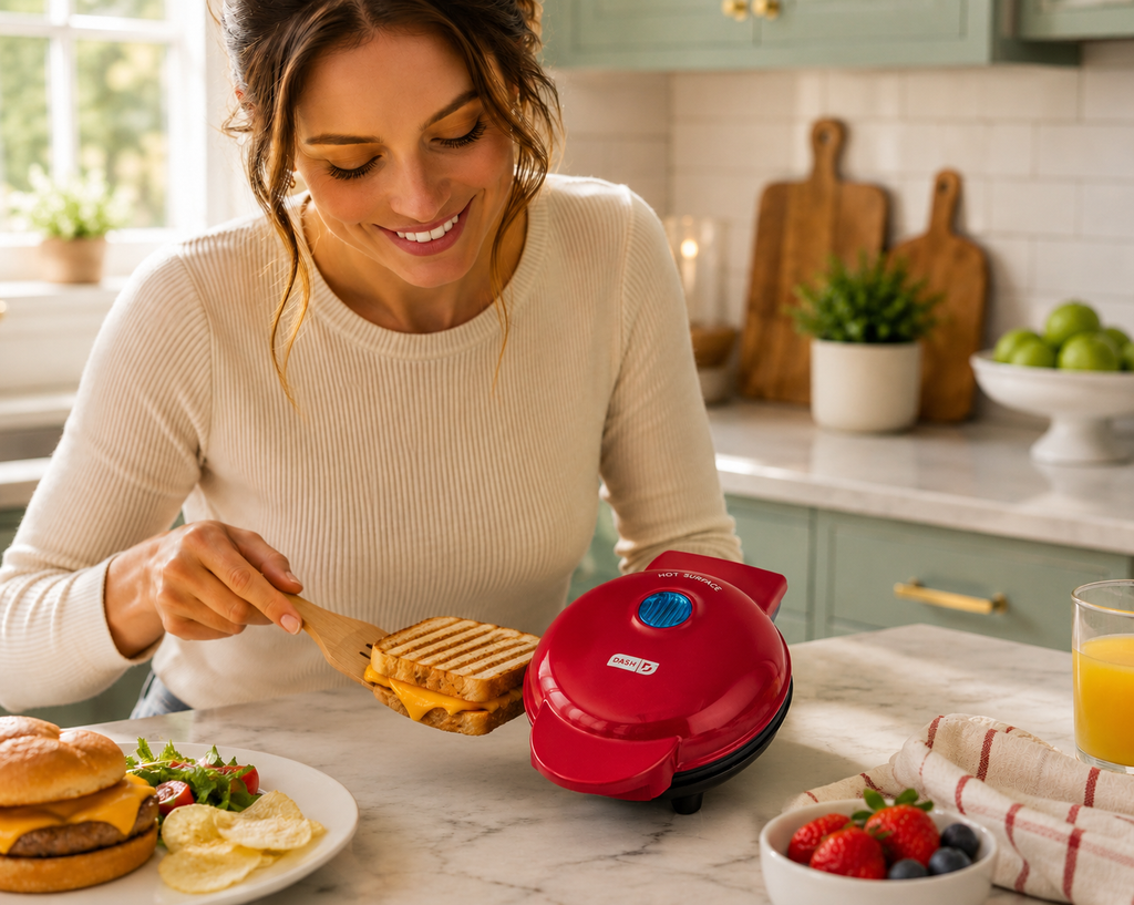 DASH Mini Maker Grill 4in Nonstick Panini Press Burger Sandwich Maker Red