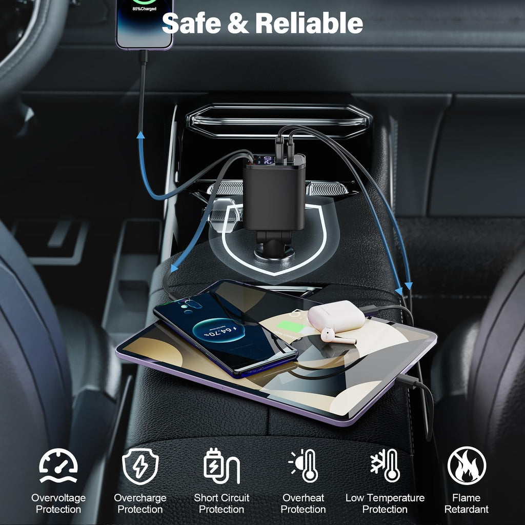 TWYAJYJ Retractable Car Charger USB C 4 in 1 87W Cigarette Lighter Car Phone