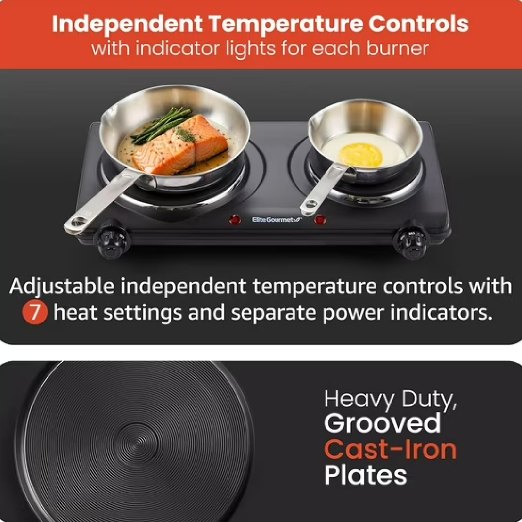 Elite Gourmet Double Cast Iron Burner 1500W Hot Plate w Temp Controls