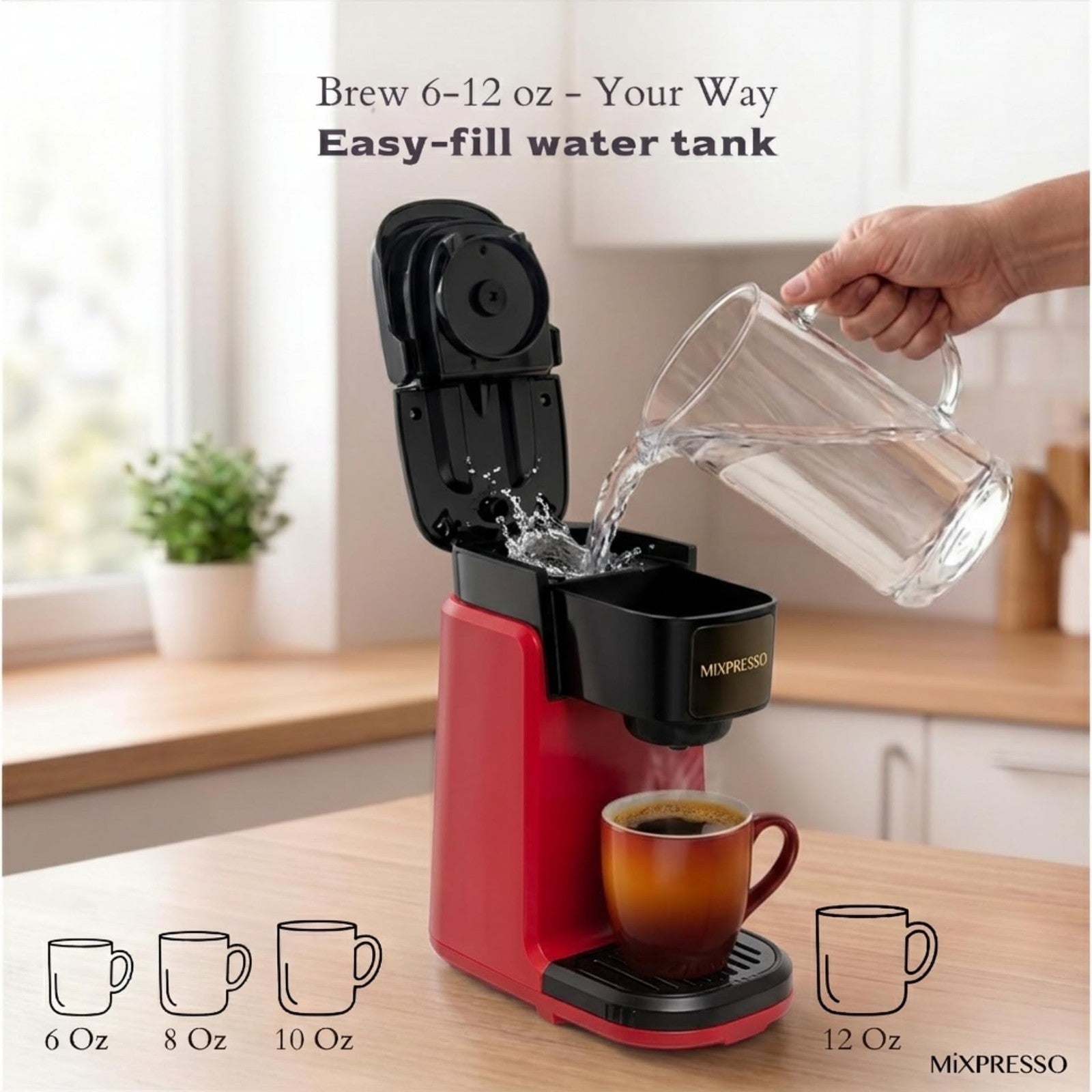 Mixpresso Single Serve Coffee Maker K-Cup & Grounds Compact 12oz Red