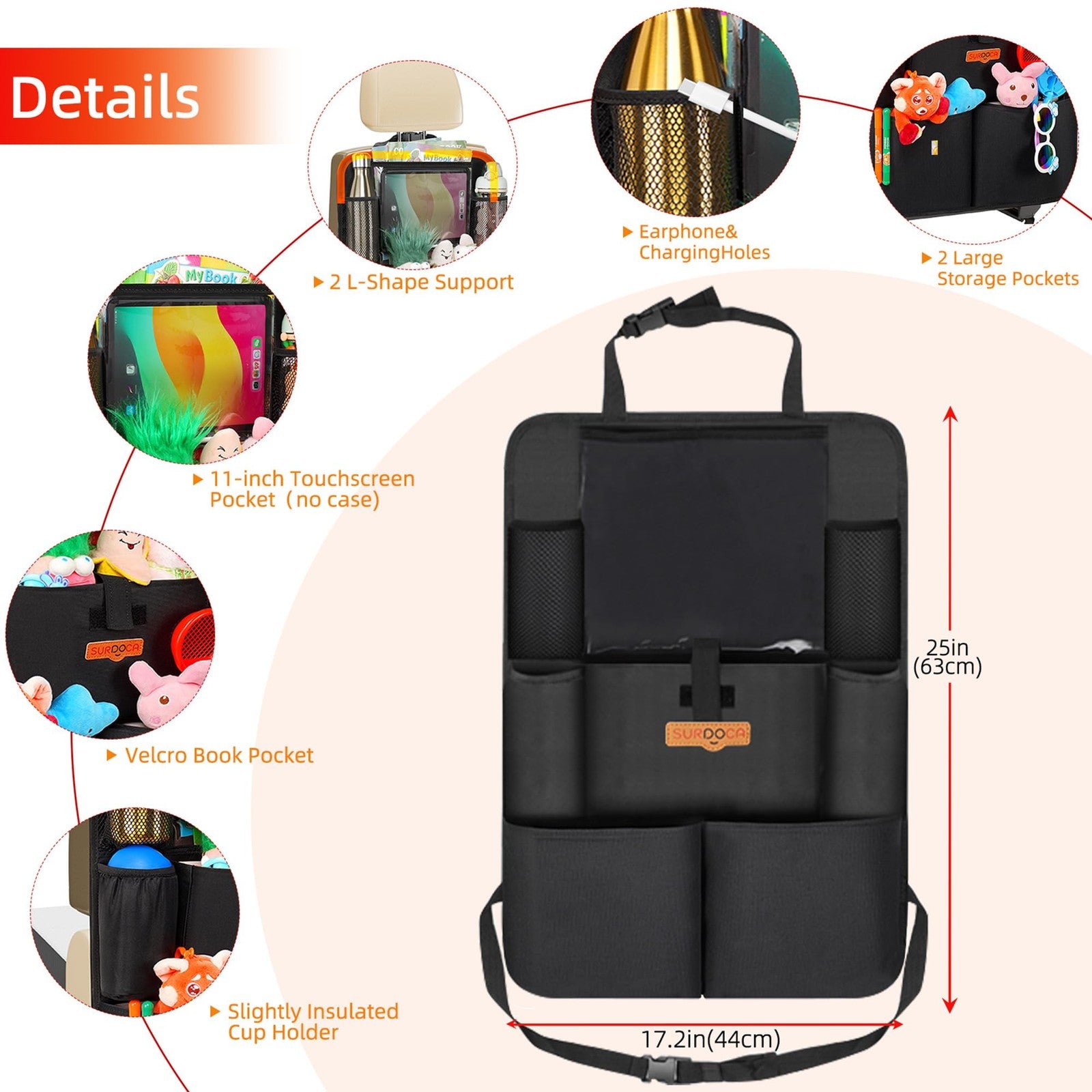 Car seat Organizer with 11-inch Tablet Holder 8 Pockets- Protector for Road Trip