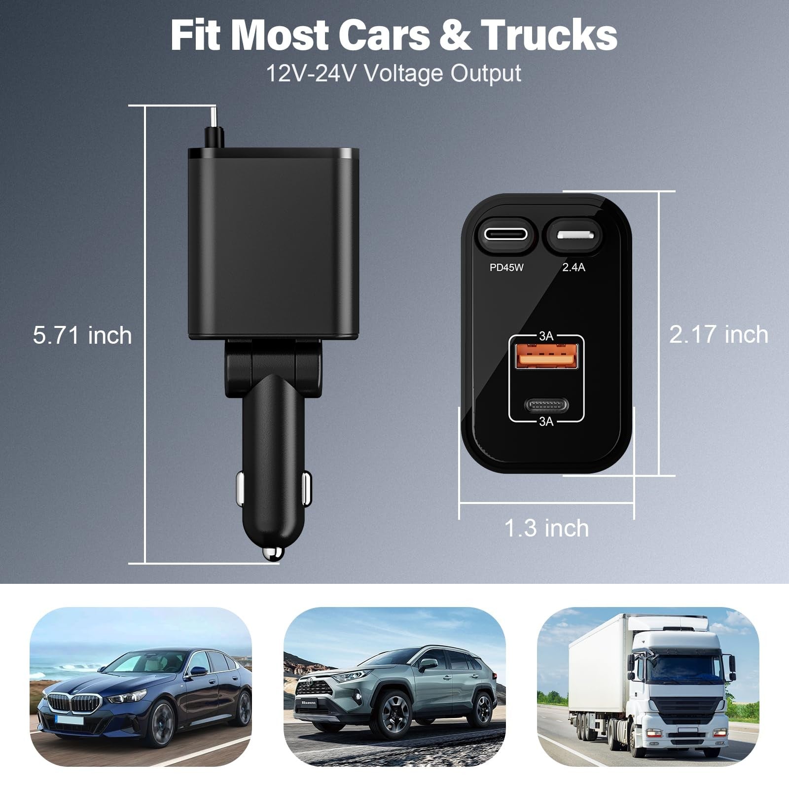 TWYAJYJ Retractable Car Charger USB C 4 in 1 87W Cigarette Lighter Car Phone