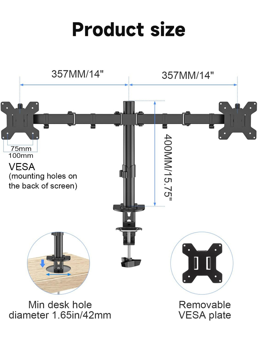 Dual Monitor Desk Mount for 2 Screens Up to 27" Holds 22 lbs Each VESA 75/100