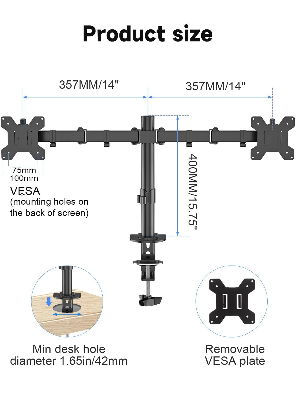 Dual Monitor Desk Mount for 2 Screens Up to 27" Holds 22 lbs Each VESA 75/100