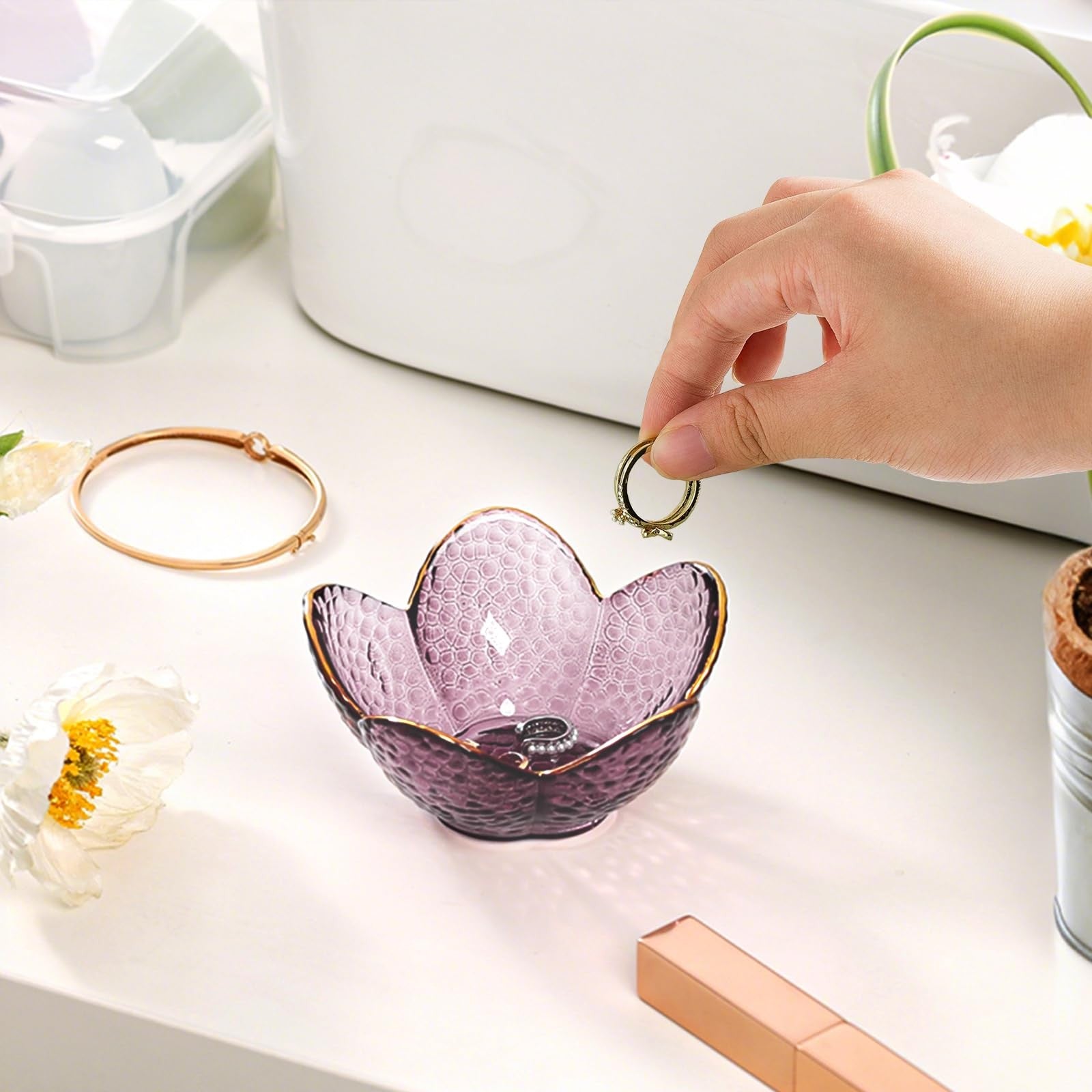 Flower Jewelry Dish Glass Ring Holder Vanity Organizer Tray Bedroom - Bathroom