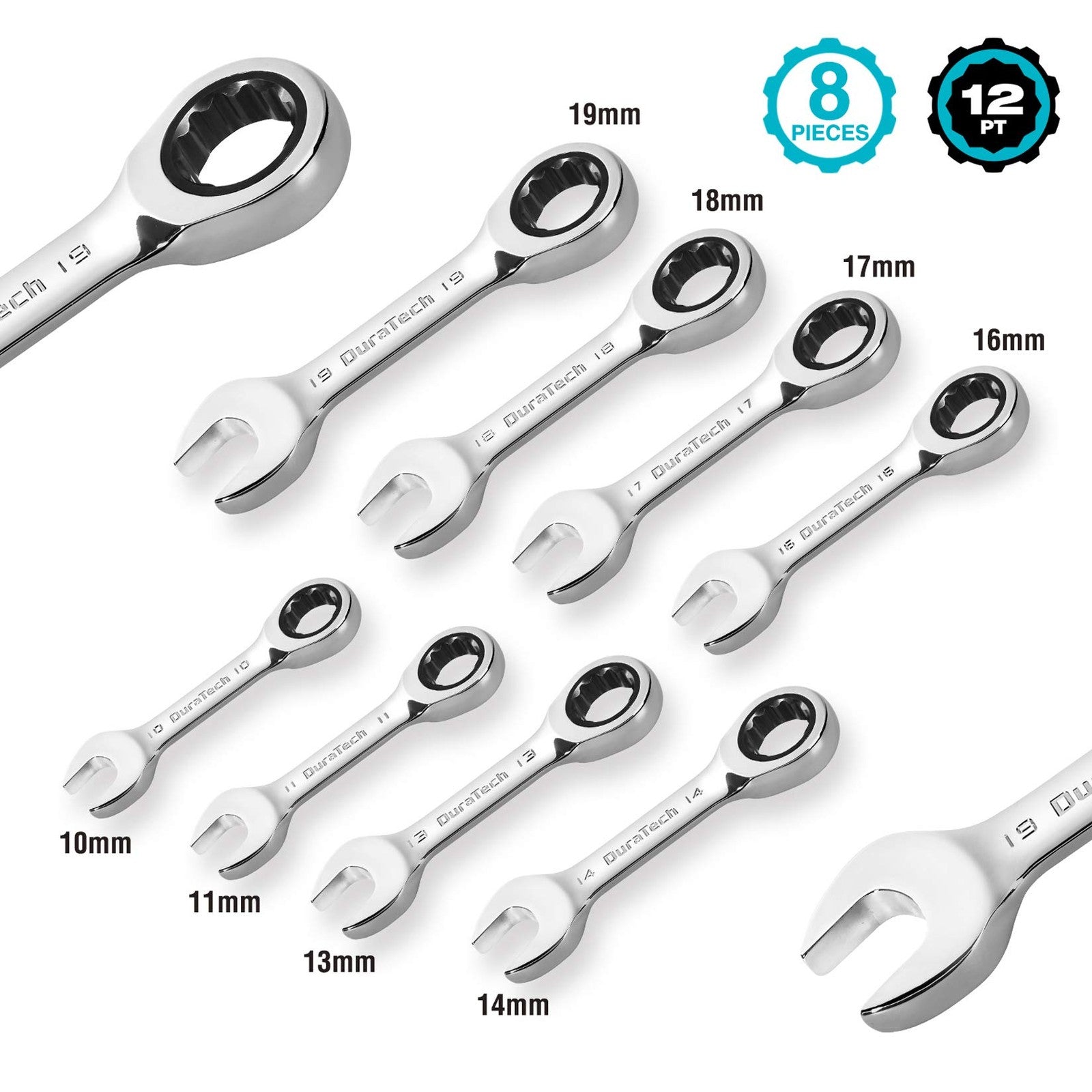 DURATECH 8-Pc Metric Stubby Ratcheting Wrench Set 10-19mm CR-V w/ Roll Pouch
