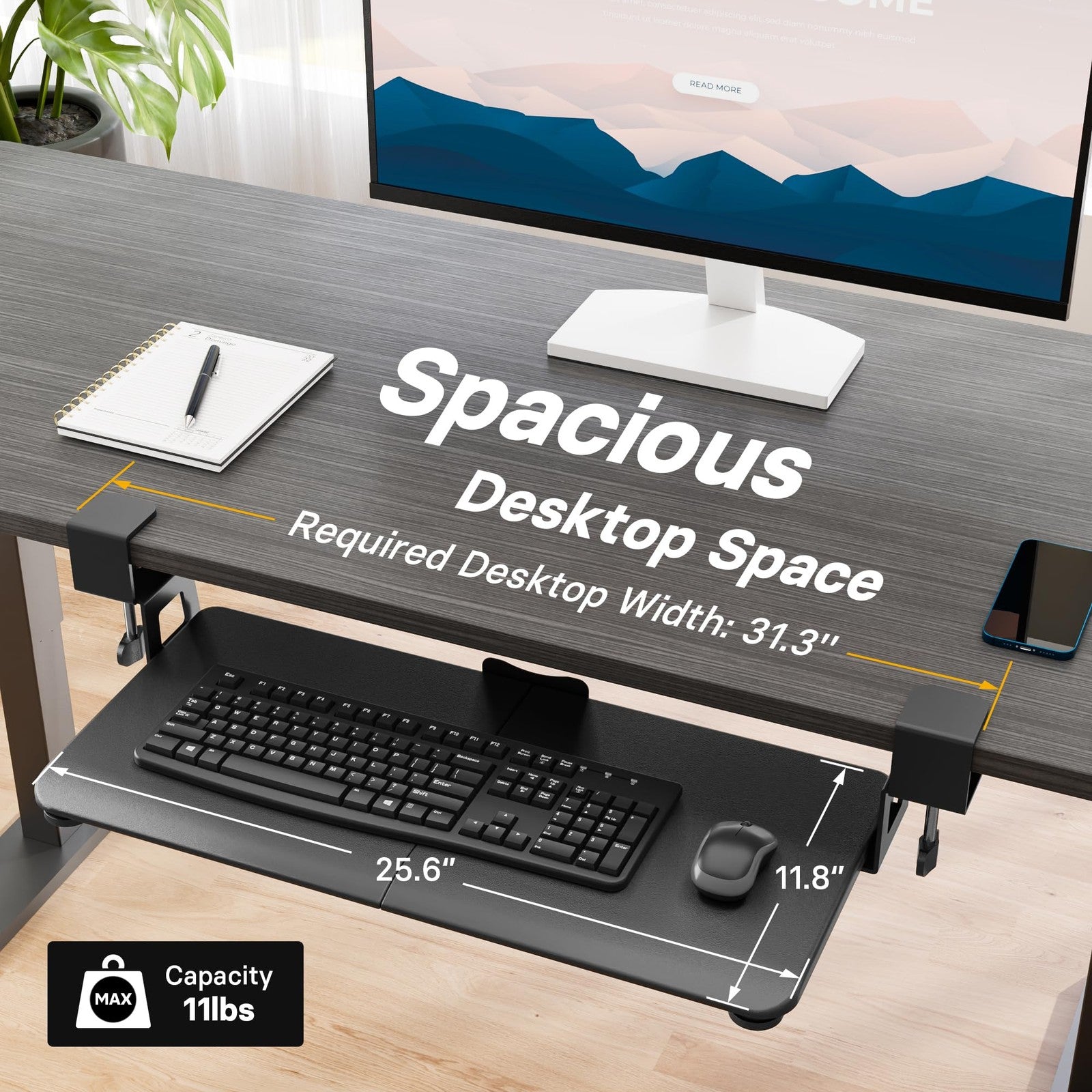 BONTEC Under Desk Keyboard Tray 25.6x11.8in Pull Out Drawer C-Clamp Mount Black