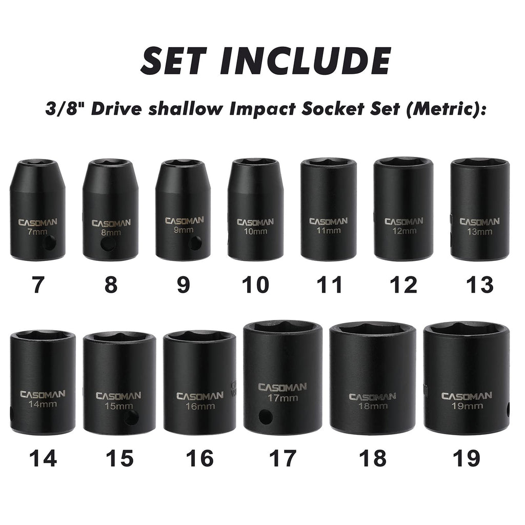 CASOMAN 13 Pieces 3/8-Inch Drive Impact Socket Set  6-Point, Metric, Shallow,