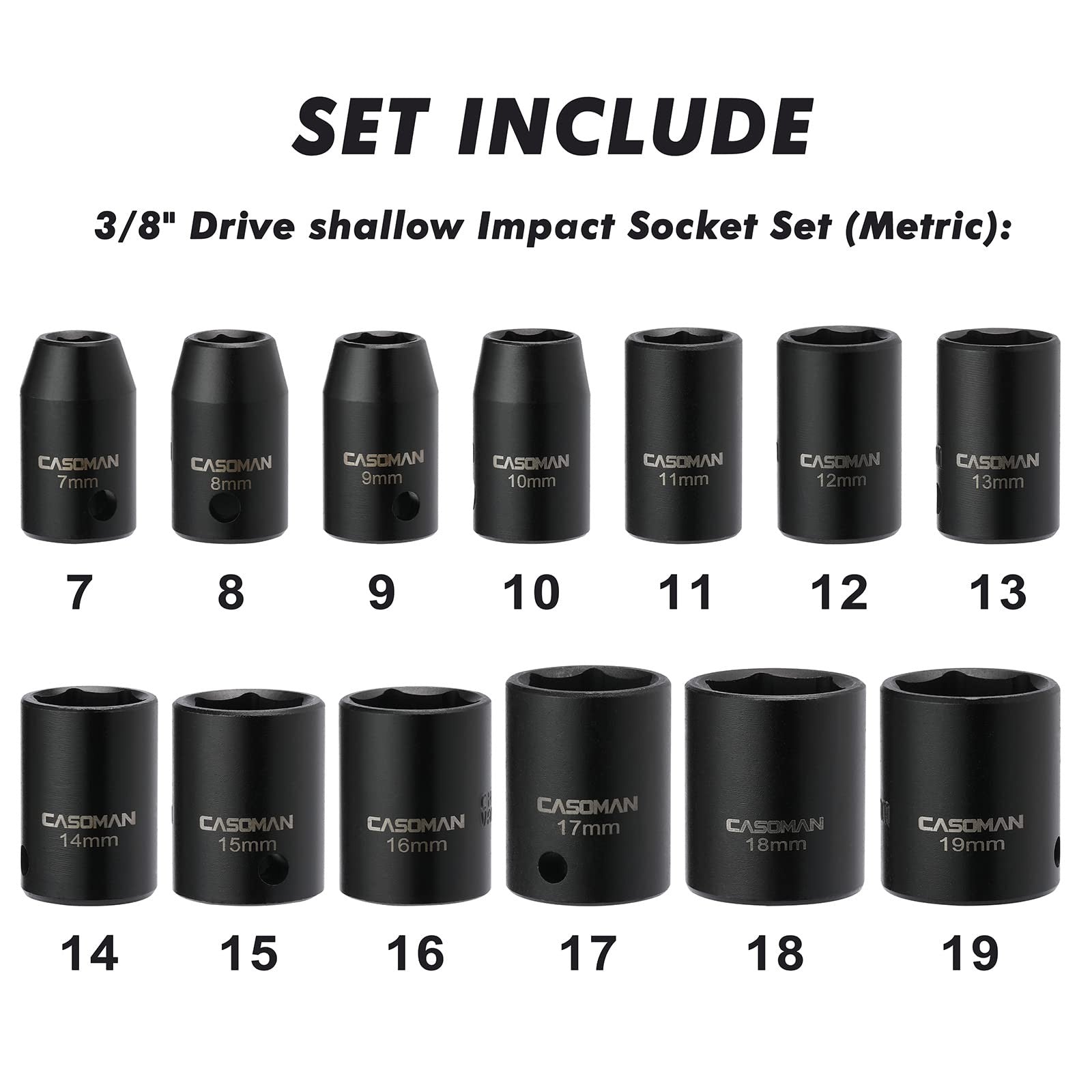 CASOMAN 13 Pieces 3/8-Inch Drive Impact Socket Set  6-Point, Metric, Shallow,