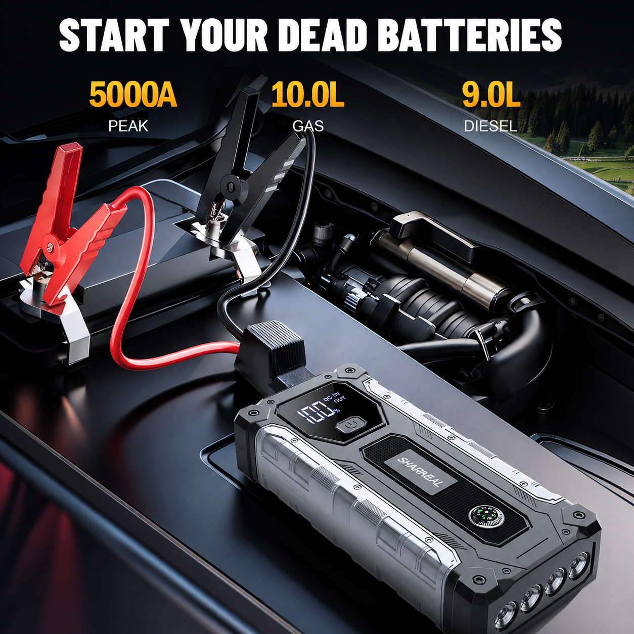 5000A Car Jump Starter 12V Battery Pack for 10.0L Gas & 9.0L Diesel