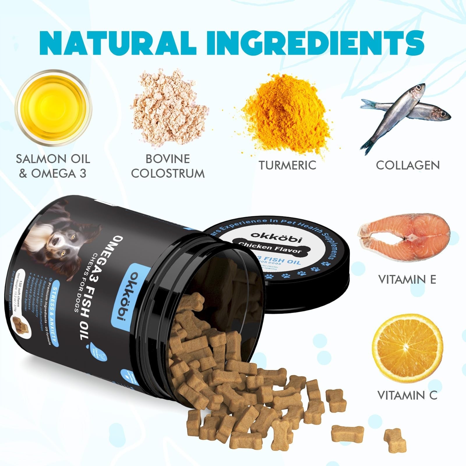 Omega 3 Dog Skin & Coat Chews 150ct Fish Oil EPA DHA Itchy Skin Relief Treats