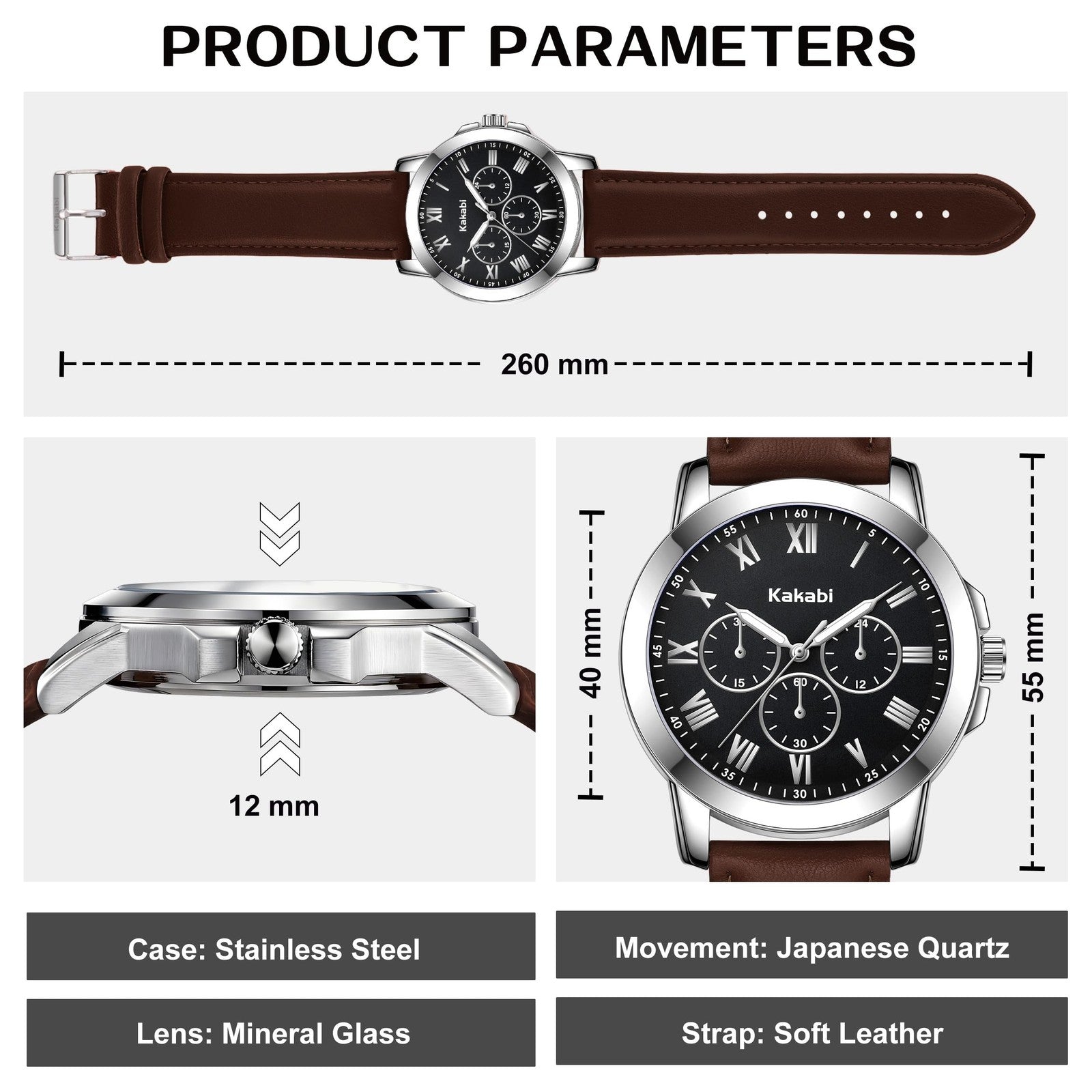 Mens Leather Dress Watch Quartz Roman Numeral Classic Business Watch Waterproof