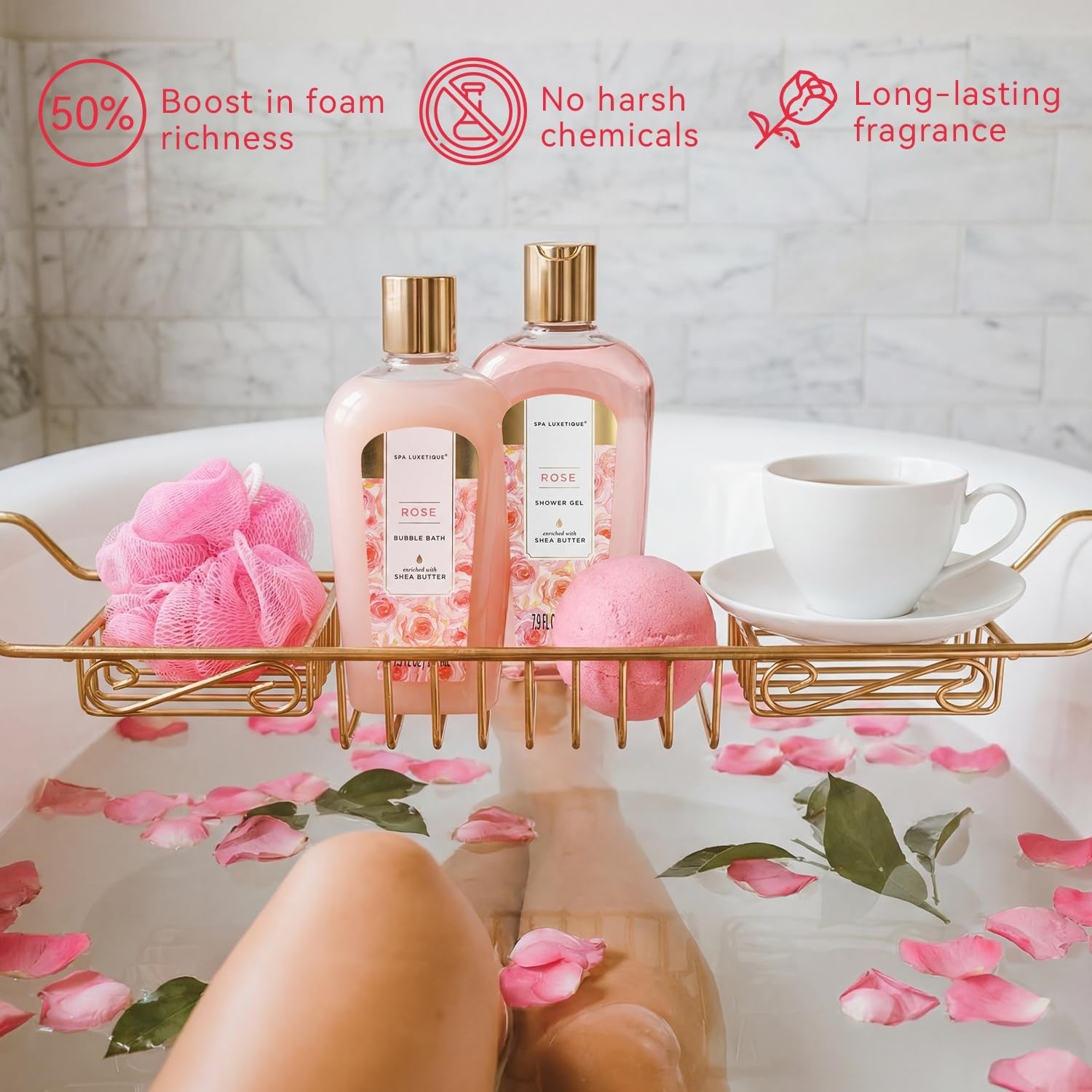 Rose Spa Gift Set for Women Bath Basket Self Care Kit Relaxation Home Spa