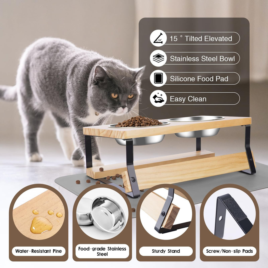 Elevated Cat Bowls 15° Tilted Raised Feeder with Stainless Steel Bowls & Mat