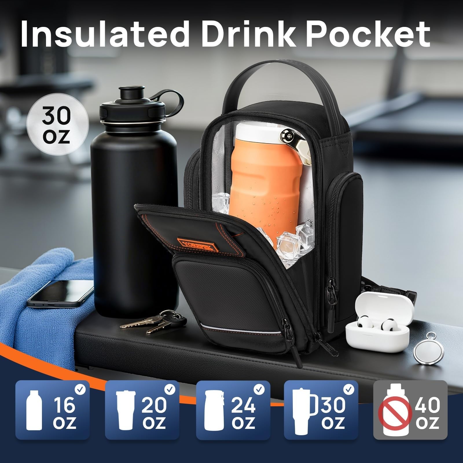 YOREPEK Magnetic Gym Bag Insulated Bottle Holder Phone Pocket Air Tag Pouch