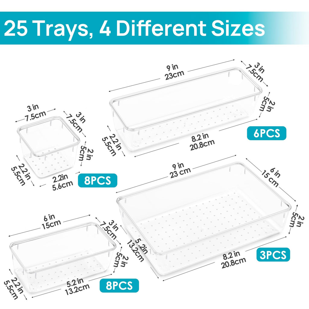 25 Pc Clear Drawer Organizer Trays 4 Sizes + 100 Non-Slip Pads Vanity Kitchen
