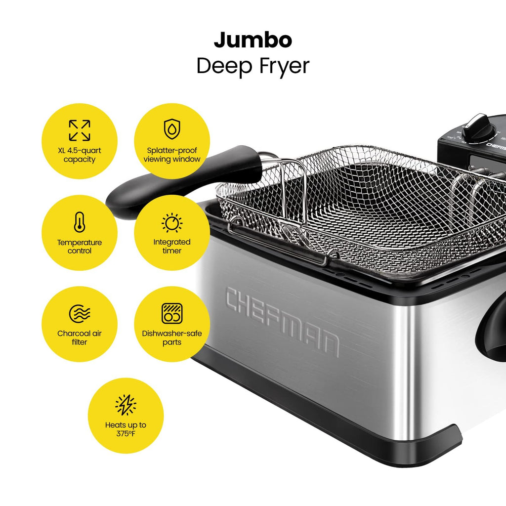 Deep Fryer XL 4.5L Stainless Steel Adjustable Temp Timer Family Cooking Kitchen