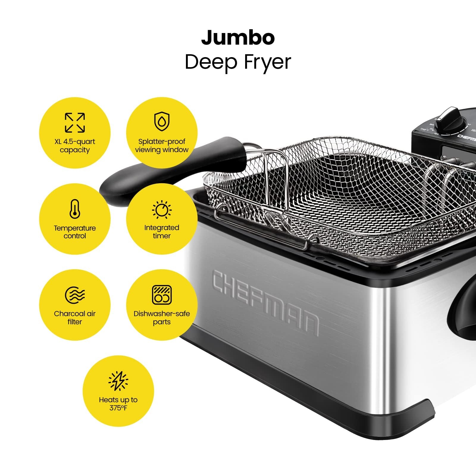 Deep Fryer XL 4.5L Stainless Steel Adjustable Temp Timer Family Cooking Kitchen