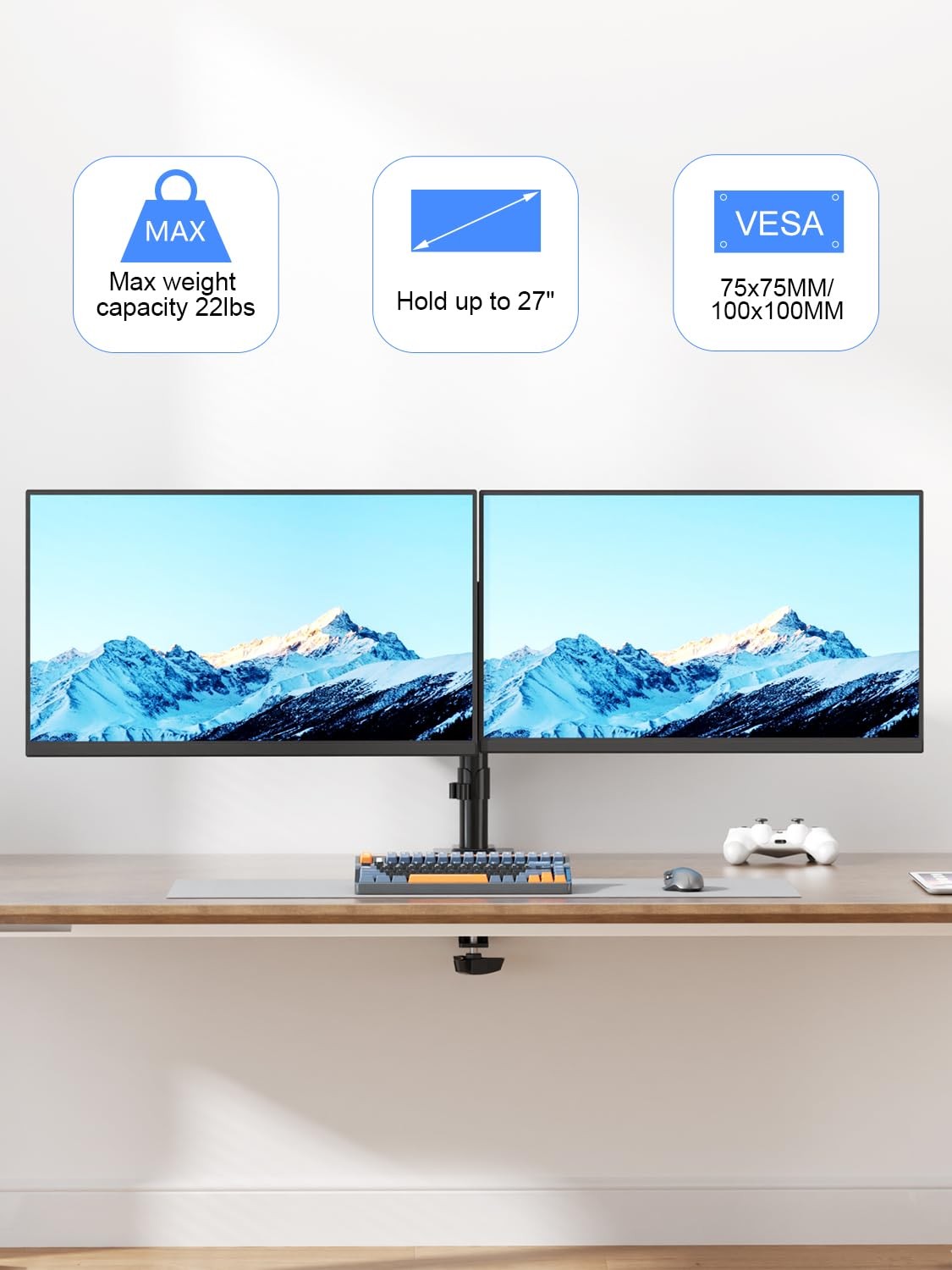 Dual Monitor Desk Mount for 2 Screens Up to 27" Holds 22 lbs Each VESA 75/100