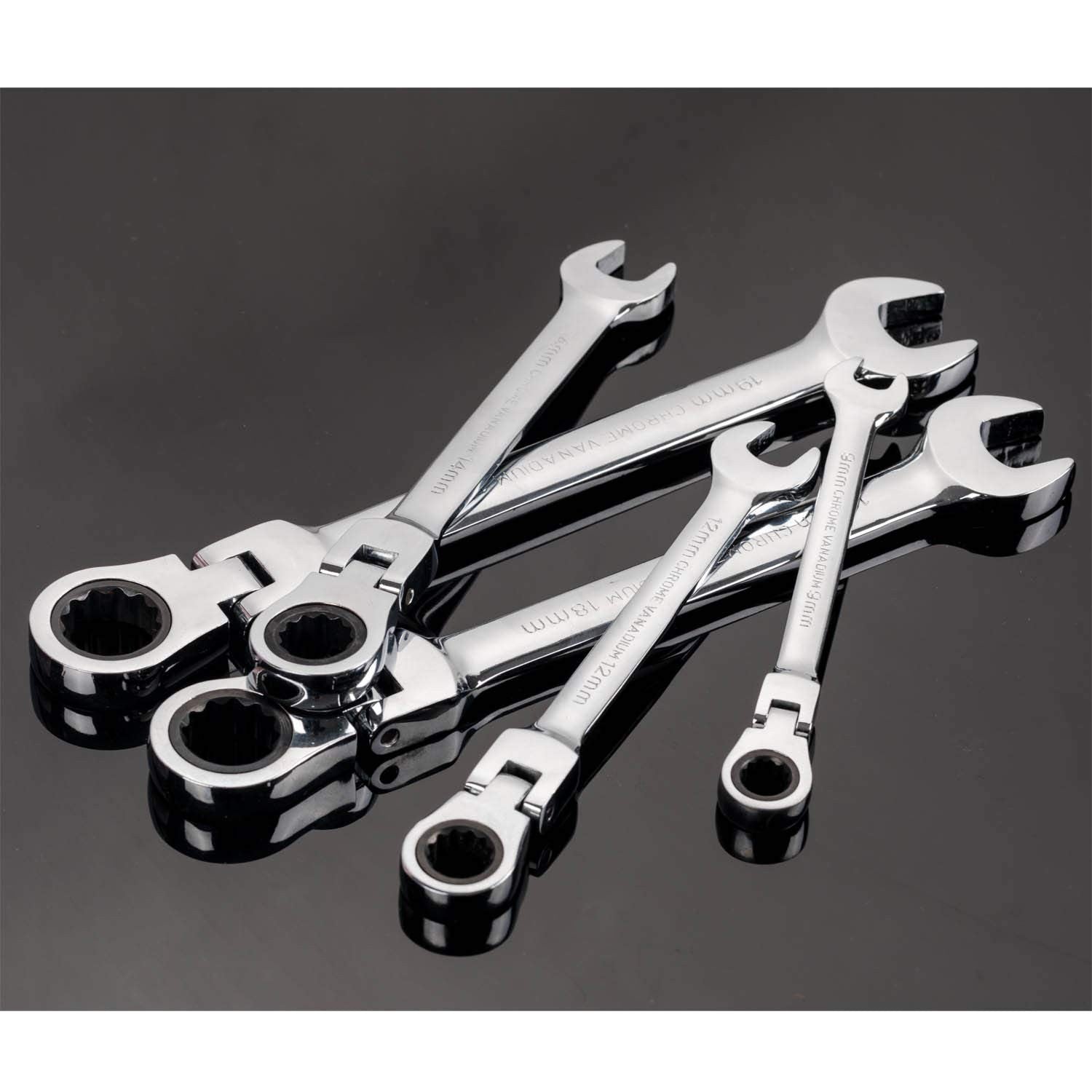 Metric Flex Head Ratcheting Wrench Set 8-Pc 9-17mm 72-Tooth CR-V