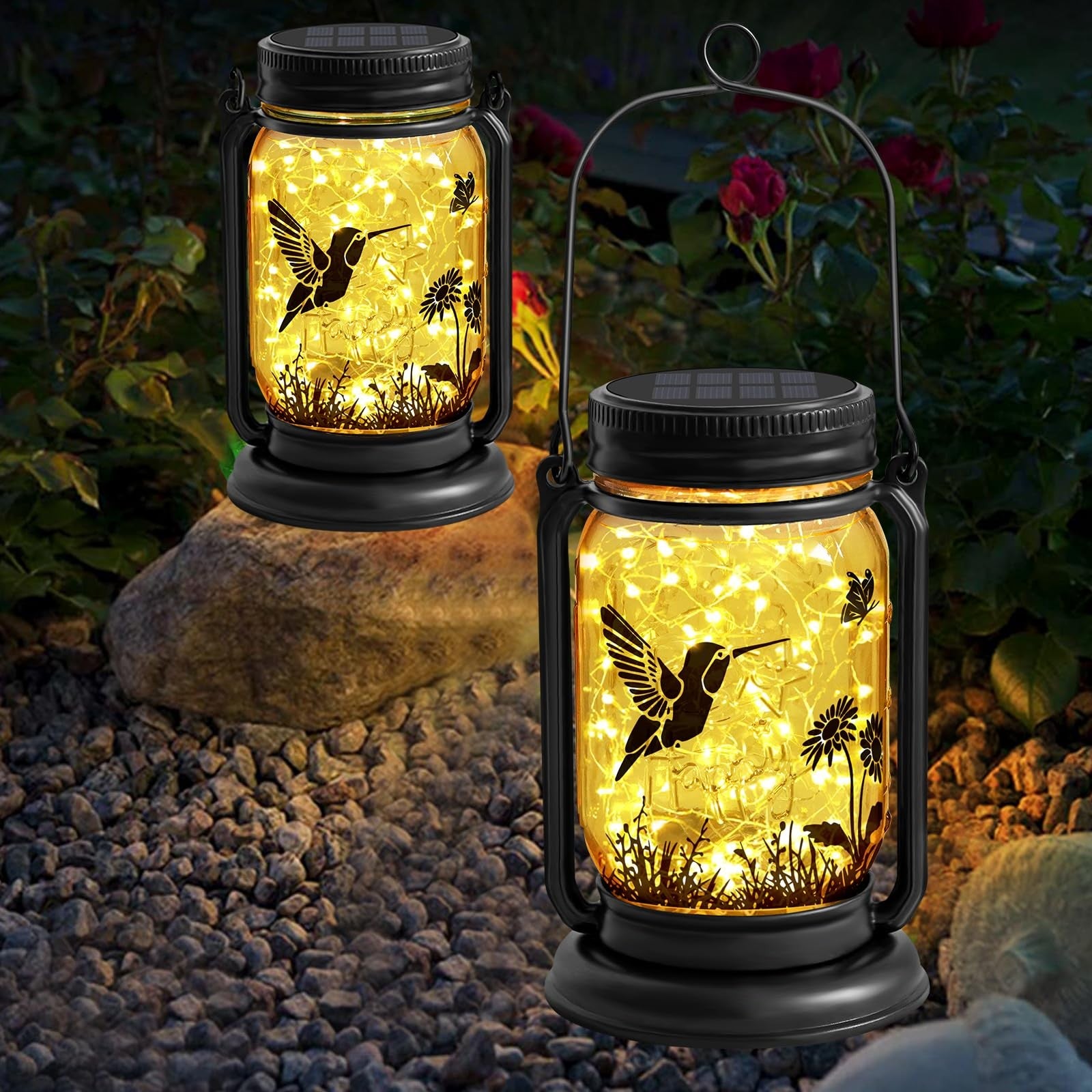 Solar Mason Jar Lantern Waterproof Hummingbird LED Garden Decor Patio Yard