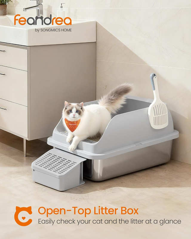 Feandrea Stainless Steel Cat Litter Box with Open Top, High Sided Litter Tray