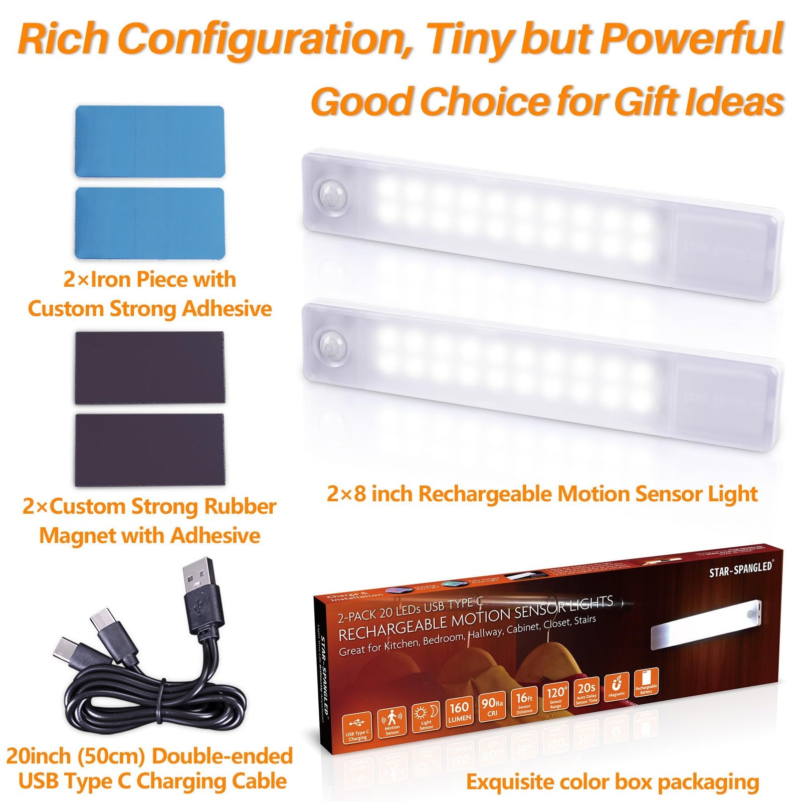 STAR-SPANGLED Motion Sensor LED Under Cabinet Light Rechargeable Magnetic 2 Pack