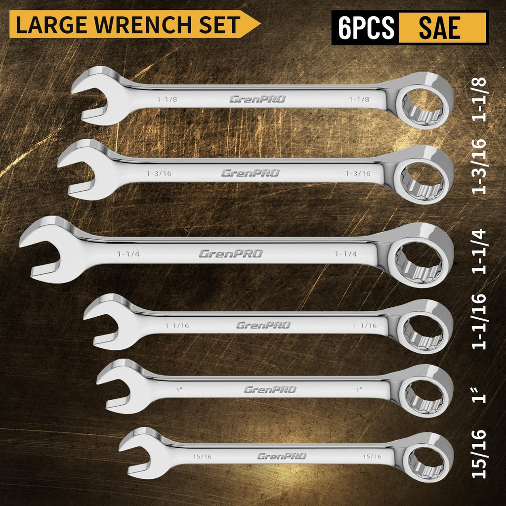 7 Pc SAE Combination Wrench Set 15/16-1-1/4 in Long CV Steel w/Pouch & Gauge