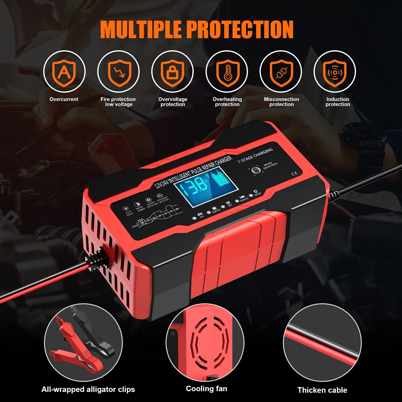 YONHAN Battery Charger 10-Amp 12V and 24V Fully-Automatic Smart Car Battery