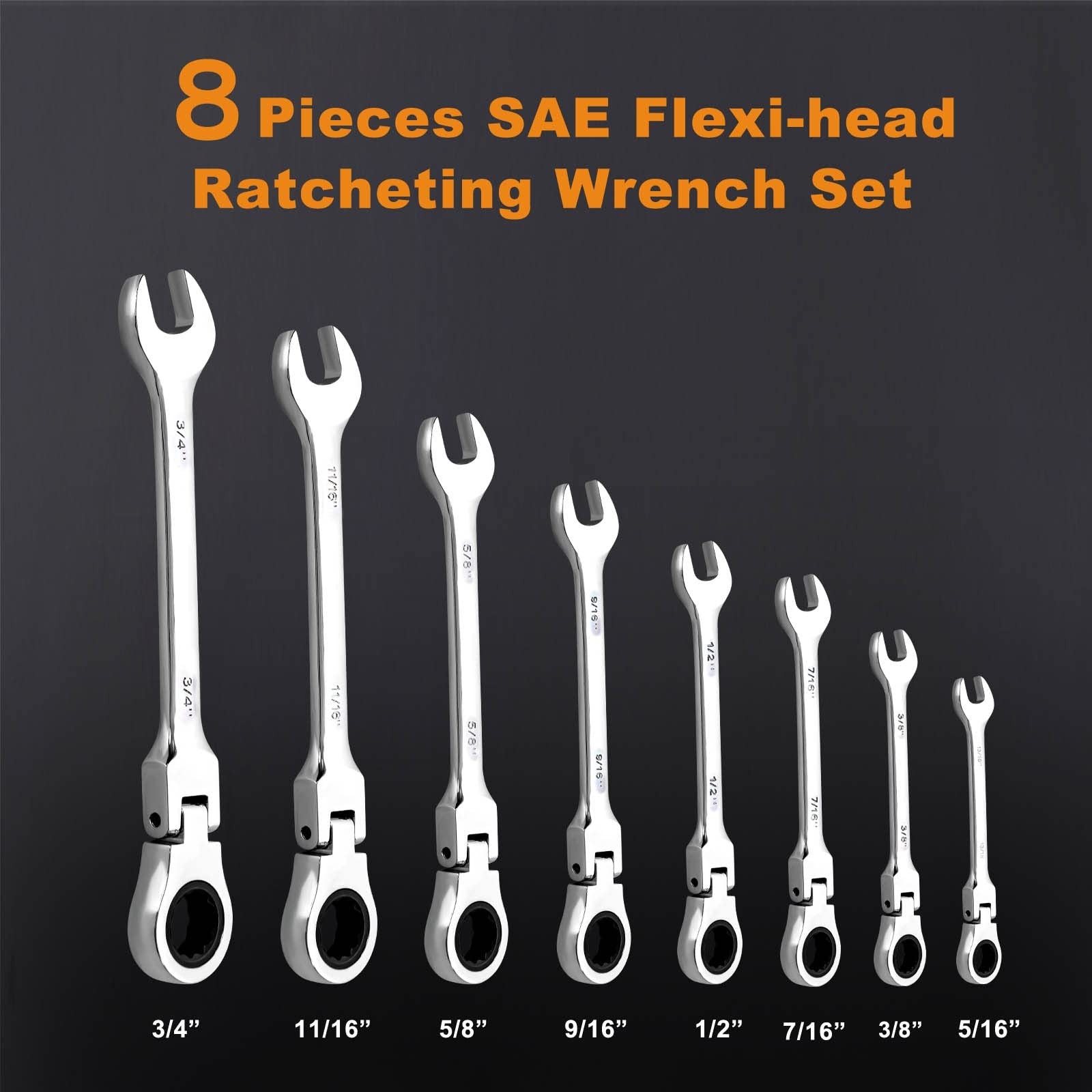 SAE Flex Head Ratcheting Wrench Set 8-Pc 5/16"-3/4" 72-Tooth CR-V