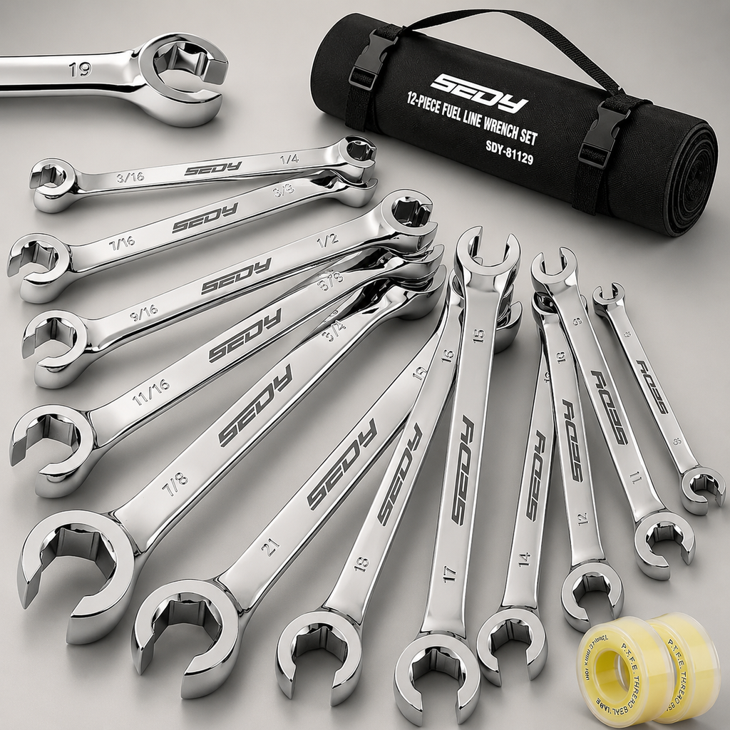 SEDY 14-Pc Flare Nut Wrench - SAE & Metric 1/4"-7/8" 9-21mm w/ PTFE Tape & Pouch