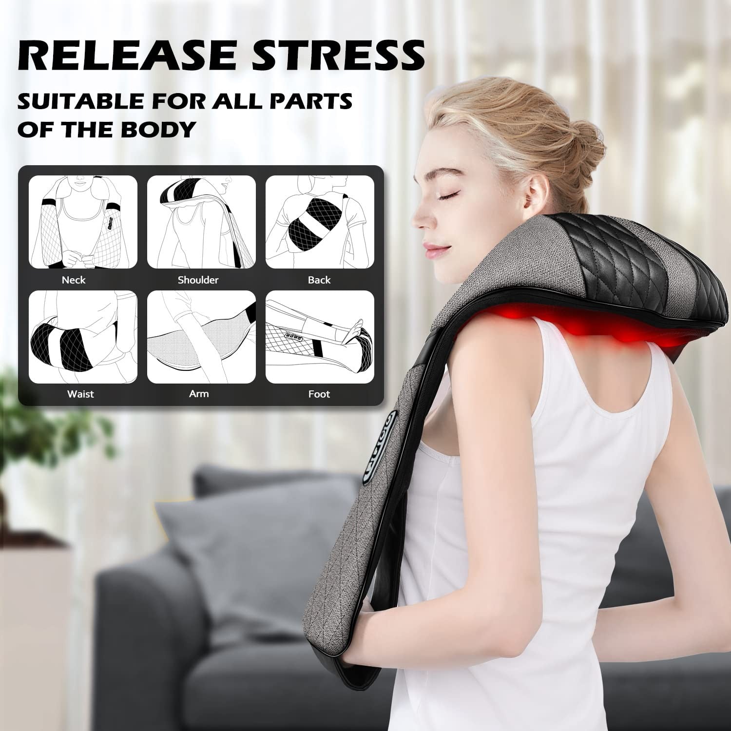 Blue Elf Shiatsu Electric Neck Back Massager Pillow 3D Kneading with Heat