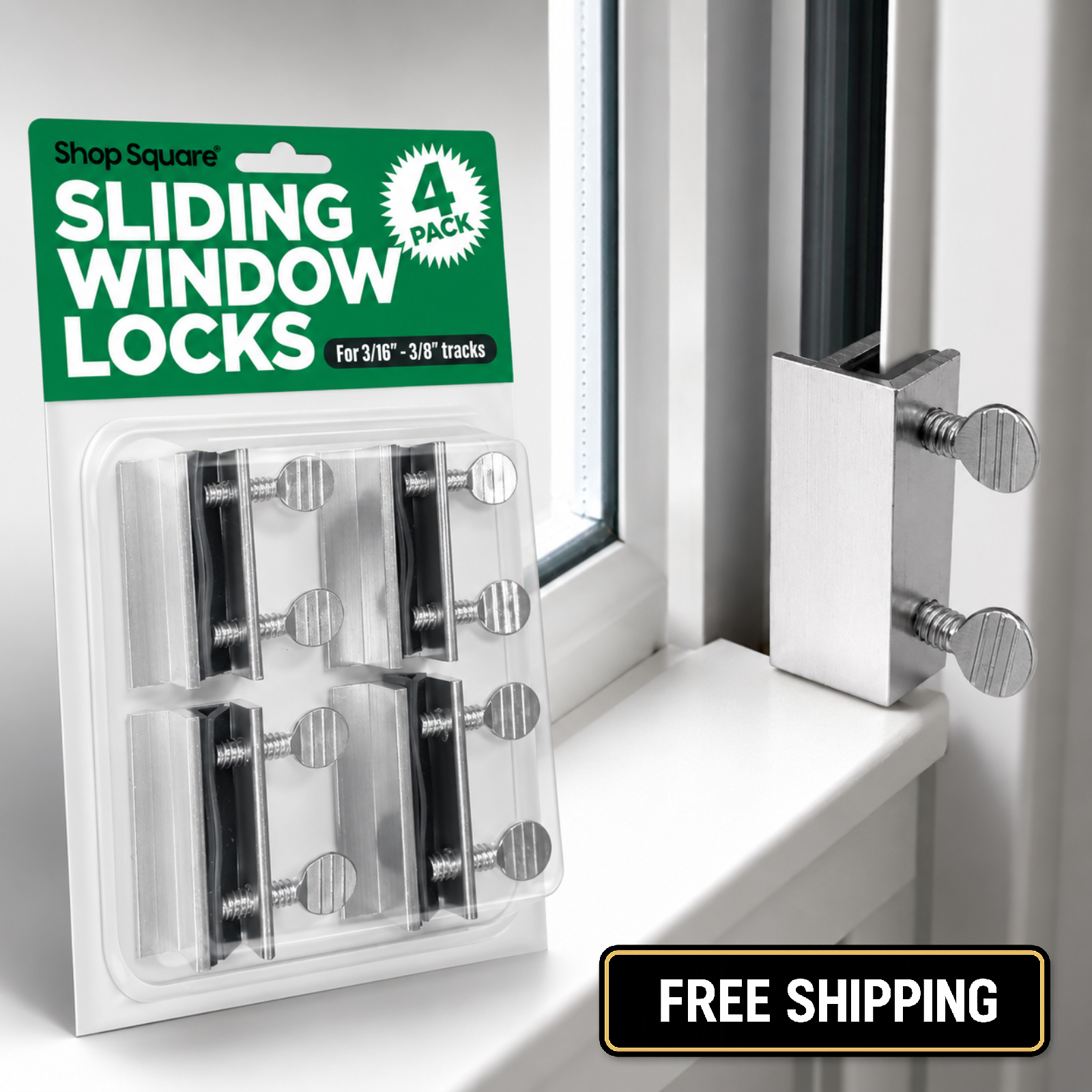 Shop Square 4 Window Locks Aluminum Thumb Turn No Drill Fits 3/16" & 3/8"