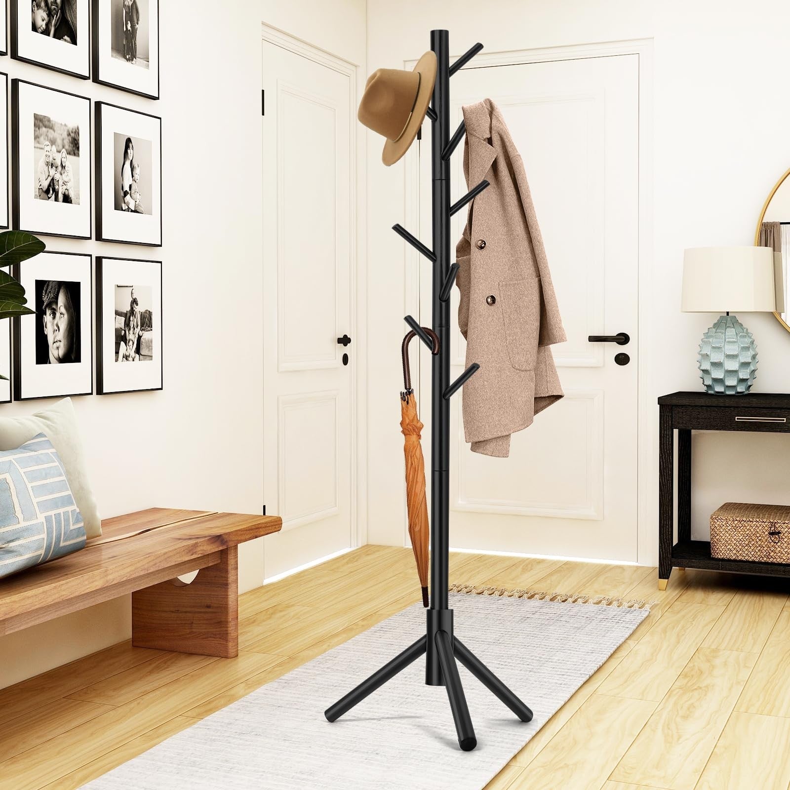 Coat Rack, Freestanding , with 8 Hooks and 3 Adjustable Size Tree Coat Racks