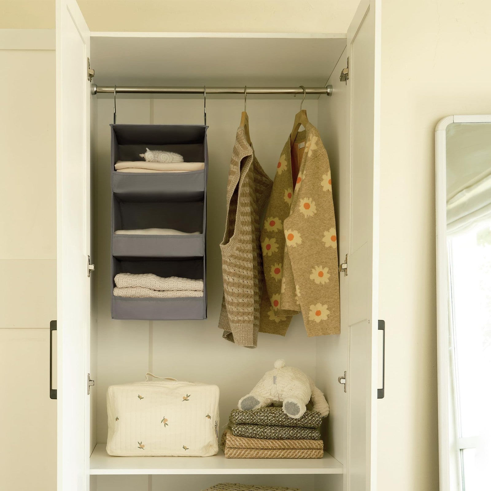 Hanging Closet Organizer 3 Shelf Collapsible Storage Shelves Gray 12x12x29.5