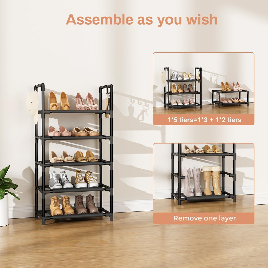 5 Tier Shoe Rack Organizer Narrow Entryway Shoe Shelf Storage with Hooks Black