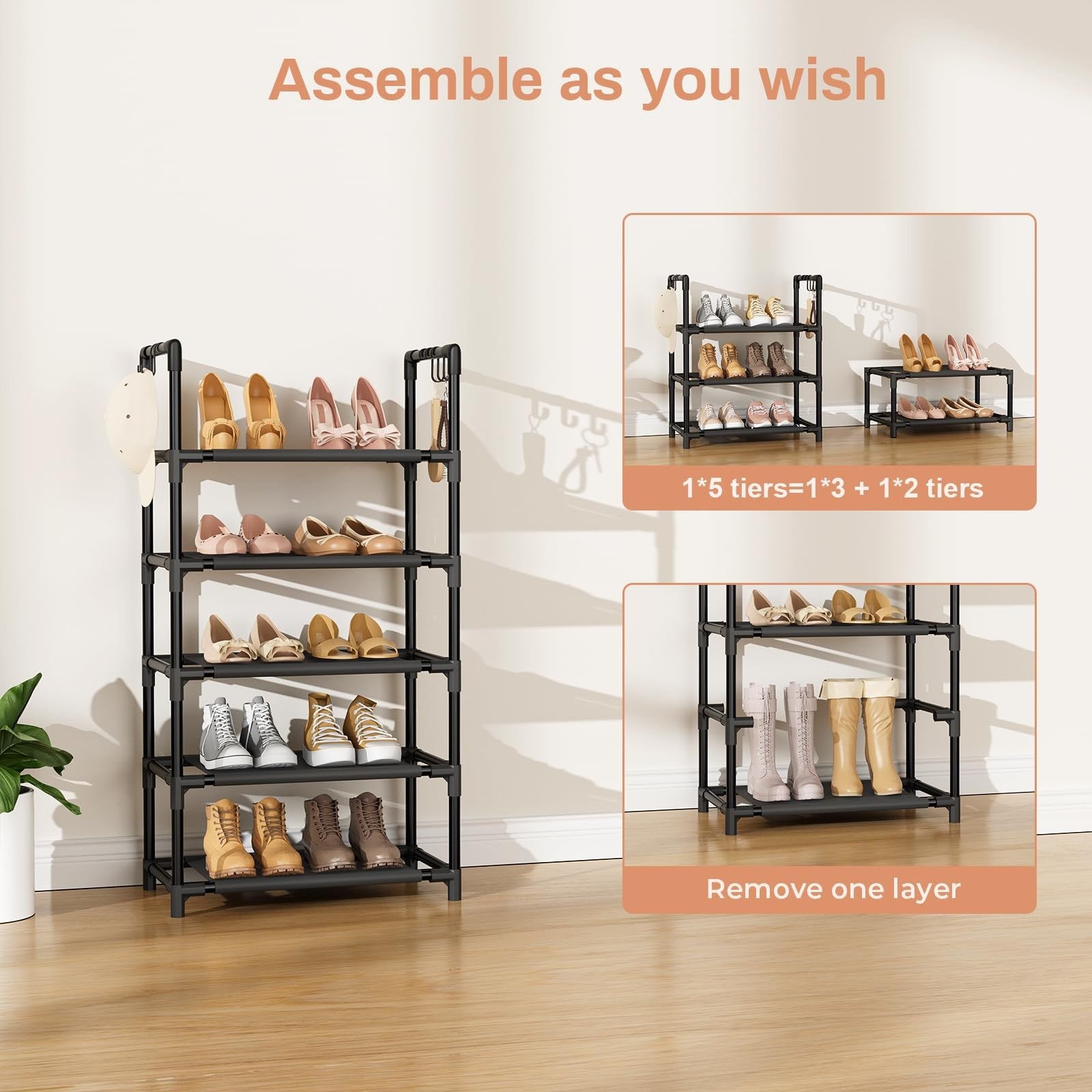 5 Tier Shoe Rack Organizer Narrow Entryway Shoe Shelf Storage with Hooks Black