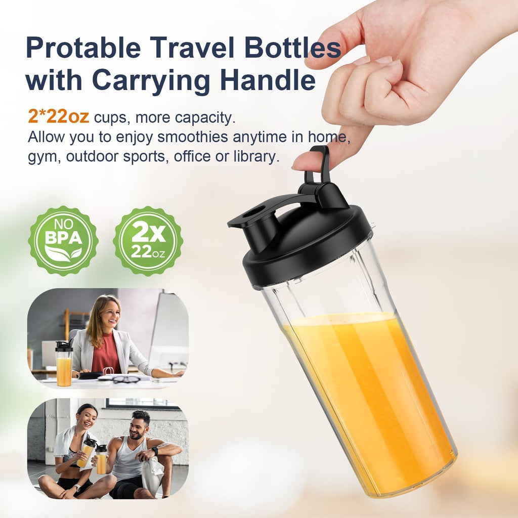 900W Personal Smoothie Blender with 2x22oz Cups Portable Shake Mixer
