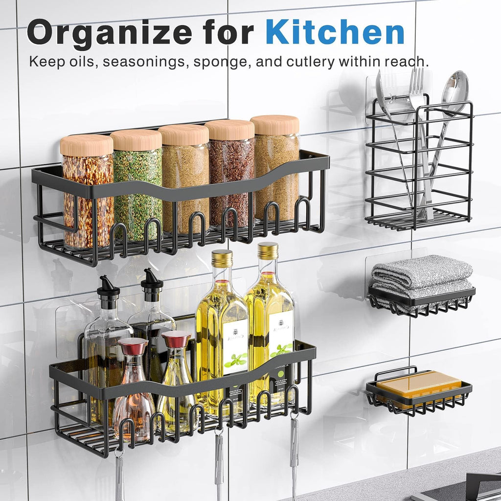 EUDELE 5 Pack Adhesive Shower Caddy Set Stainless Steel No Drill Black Bath