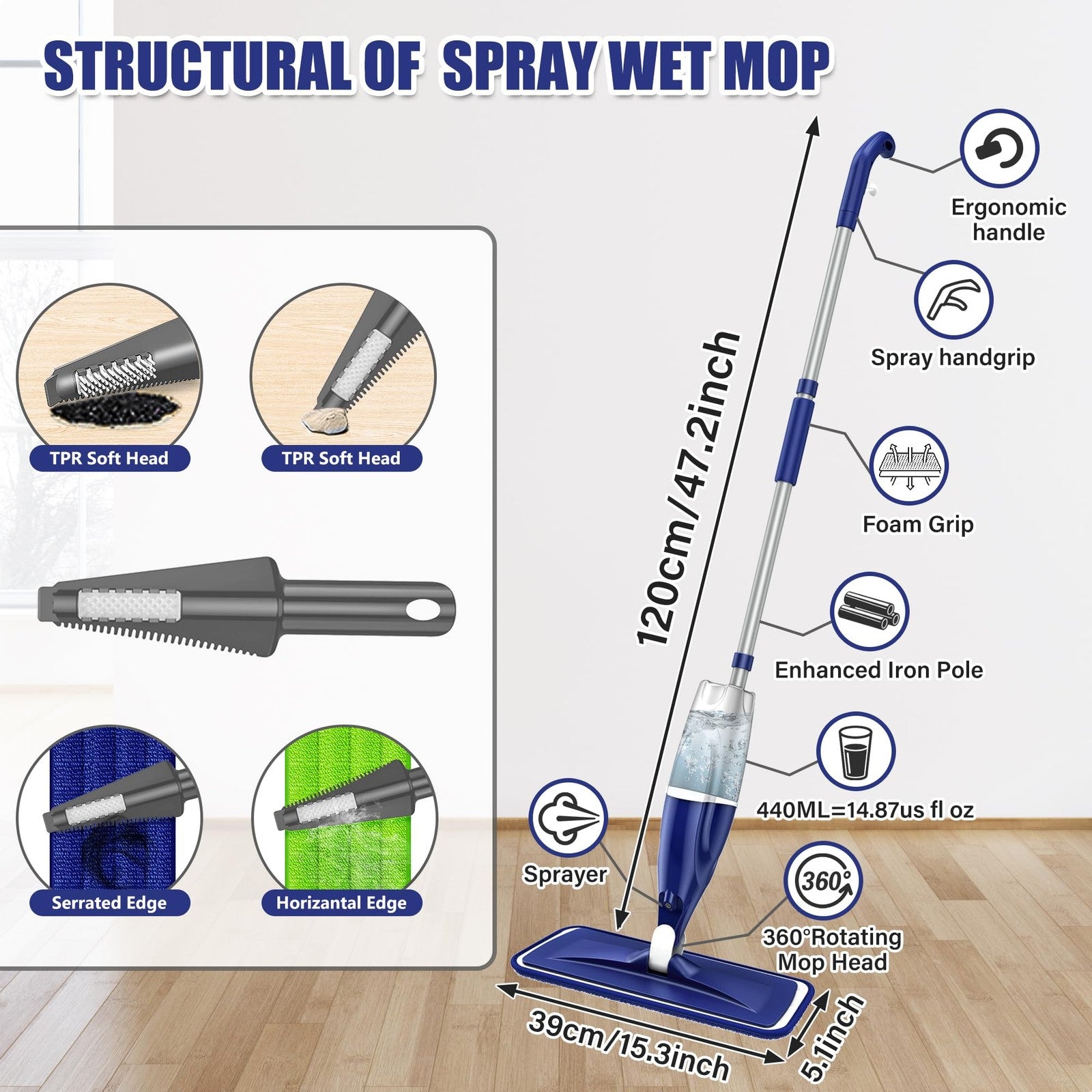 Spray Mop for Hardwood Tile Laminate Floors w/3 Reusable Microfiber Pads