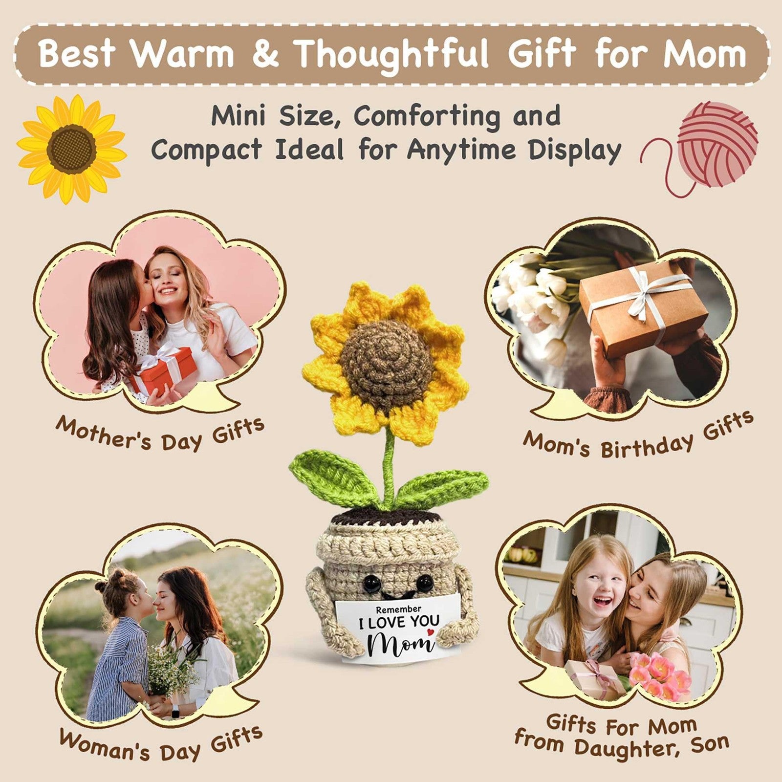 Crochet Sunflower Gift for Mom Handmade Cute Keepsake Desk Decor Home