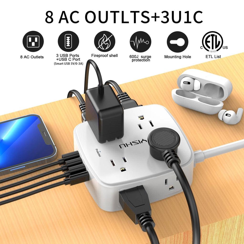 6 Ft Surge Protector Power Strip - 8 Widely Outlets with 4 USB Ports, 3 Side Out