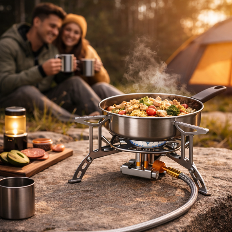 Portable Camping Stove Windproof Piezo Ignition Burner w Adapter Hiking