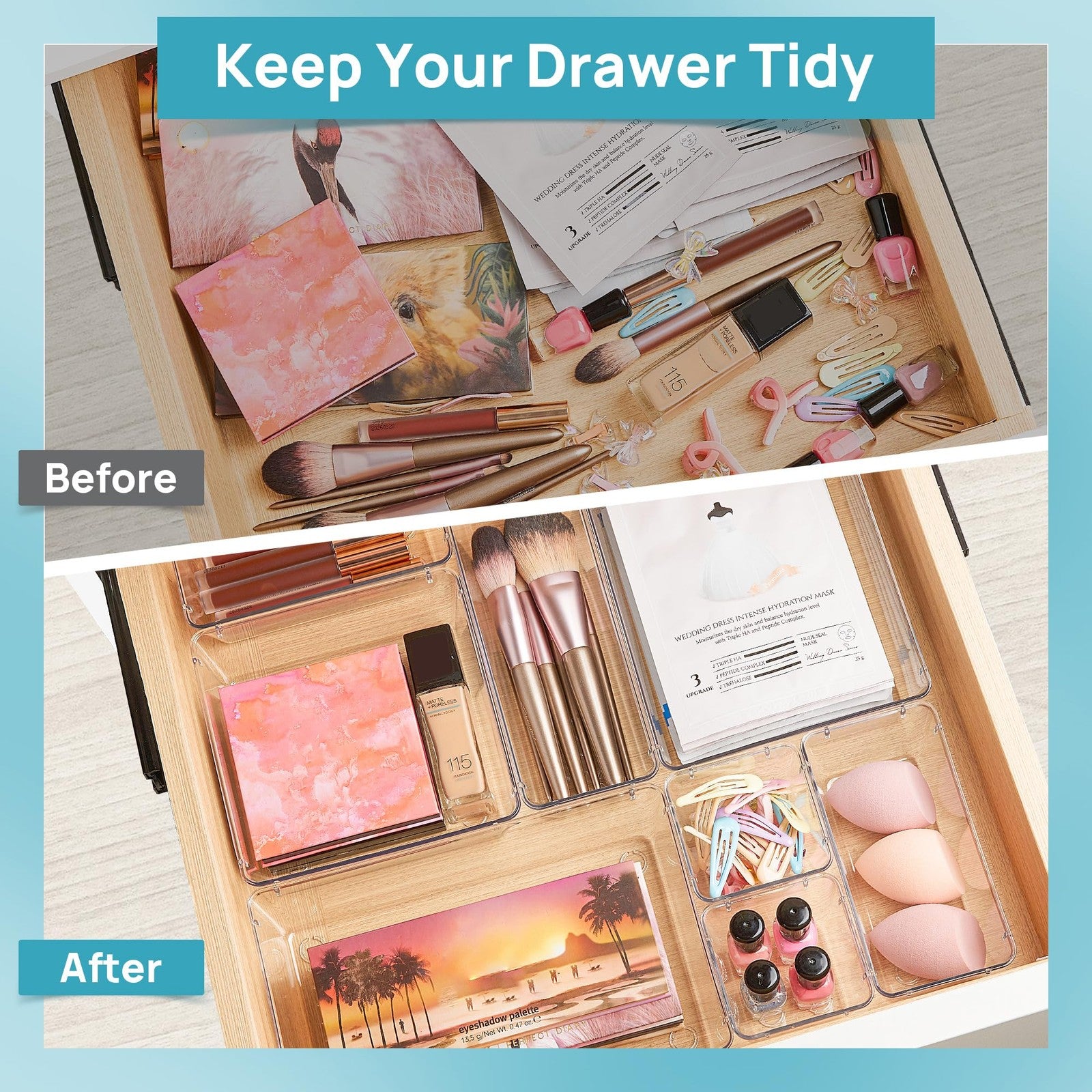 25 Pc Clear Drawer Organizer Trays 4 Sizes + 100 Non-Slip Pads Vanity Kitchen